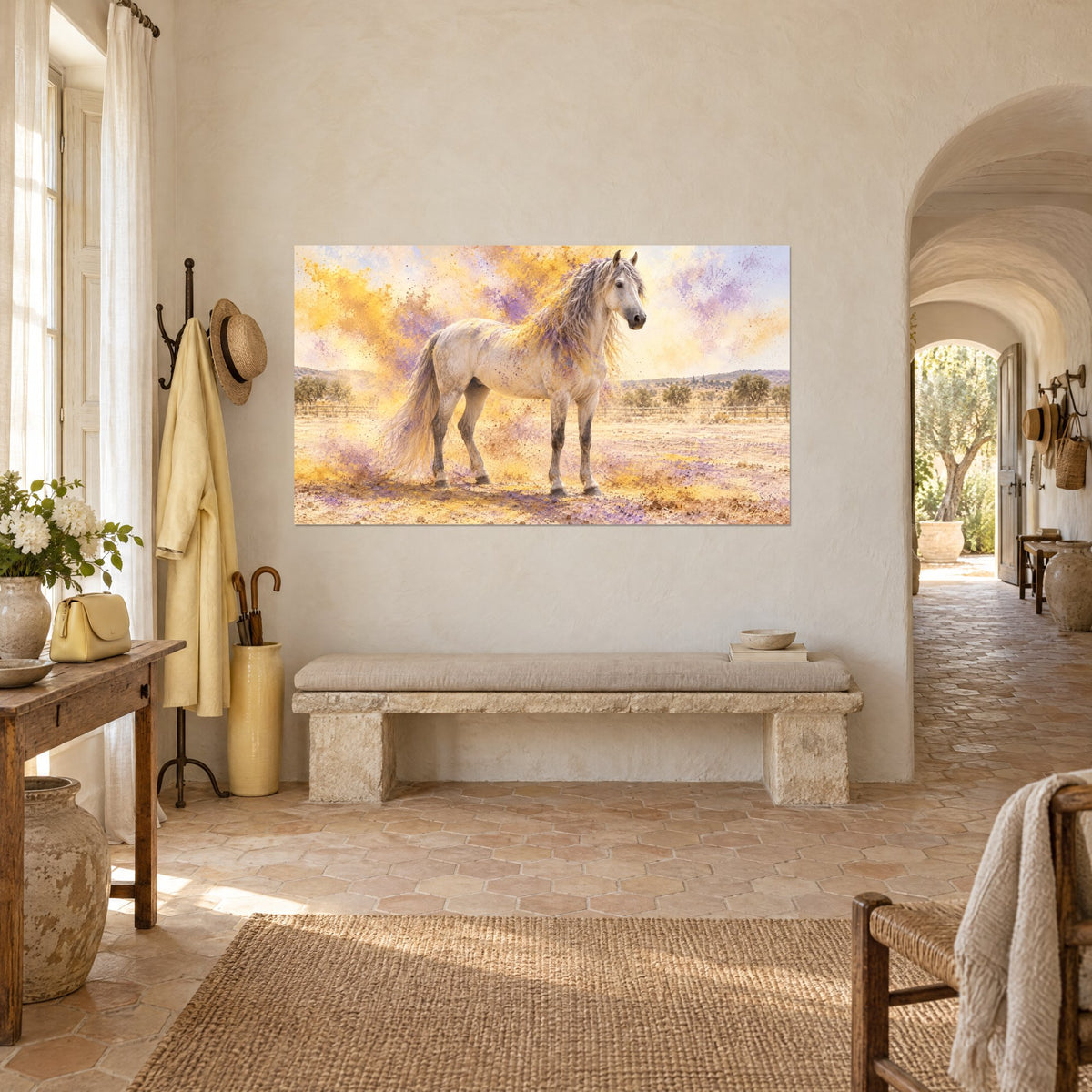 Tableau cheval blanc à longue crinière dorée, éclaboussures ocre et lilas sur sol sec, dans l'entrée d'un mas provençal