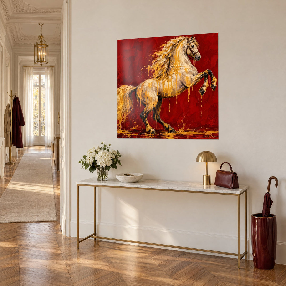 Tableau cheval andalou crème dressé sur ses postérieurs, coulures dorées sur fond rouge, au-dessus d'une console haussmannienne