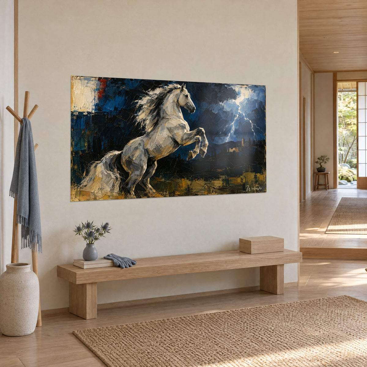 Tableau destrier argenté dressé sur ses postérieurs, crinière ivoire au vent, ciel indigo zébré d'éclairs, vue de trois-quarts sur banc en bois
