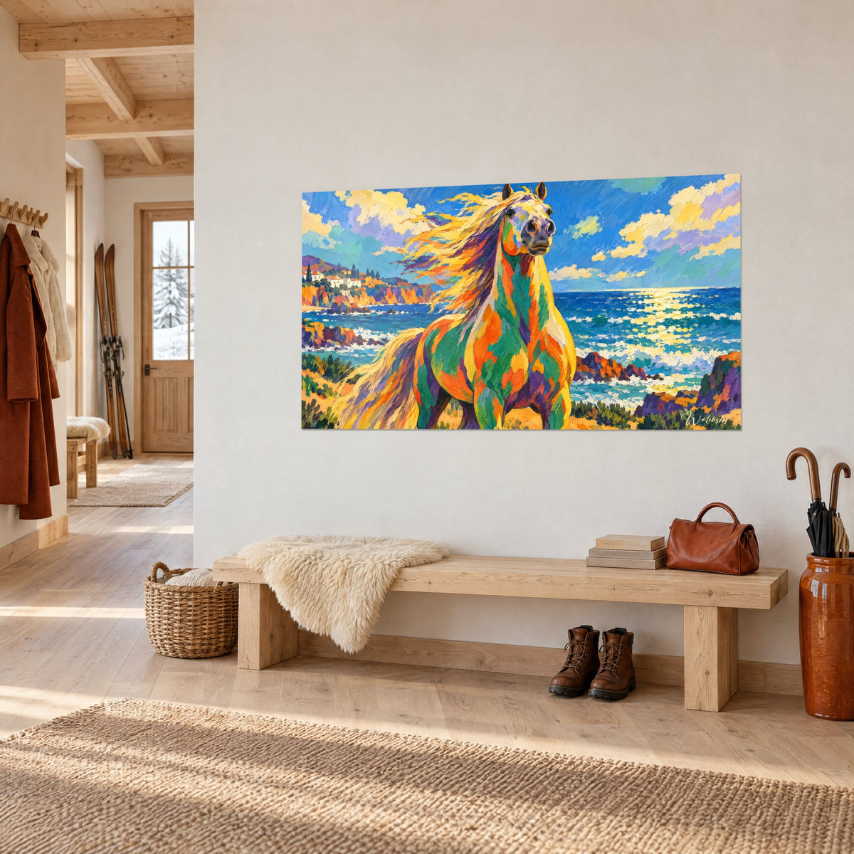Tableau étalon aux flancs orange, vert et violet face à la mer, accroché dans une entrée en bois clair du chalet