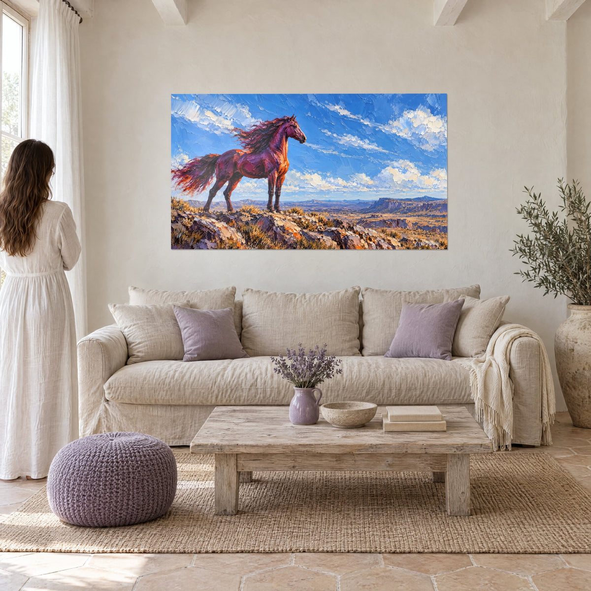 Tableau étalon pourpre campé sur une crête, ciel bleu et nuages blancs, au-dessus d'un canapé dans un salon lumineux