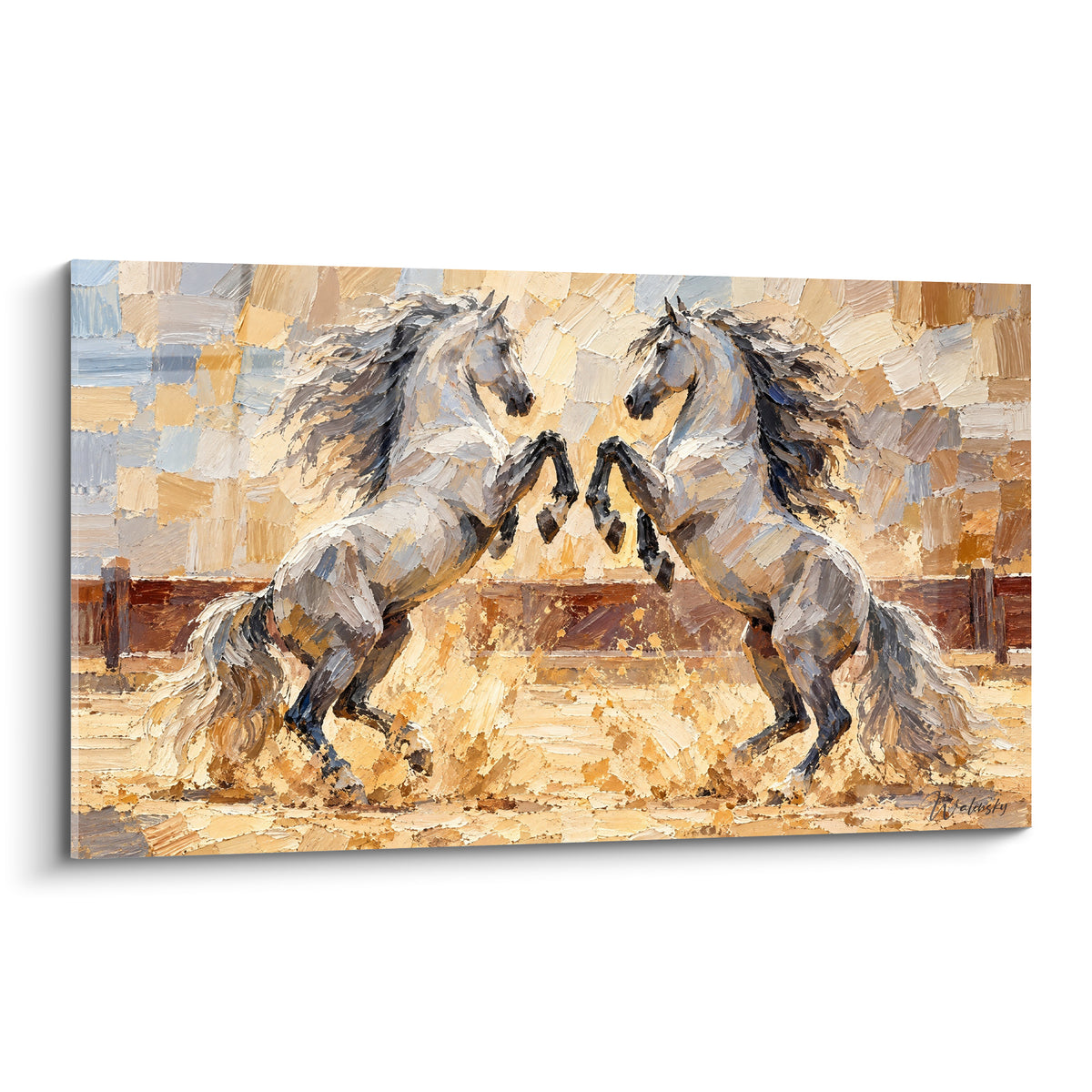 Tableau Cheval Andalou, deux étalons blancs cabrés face à face sur fond ocre et doré texturé