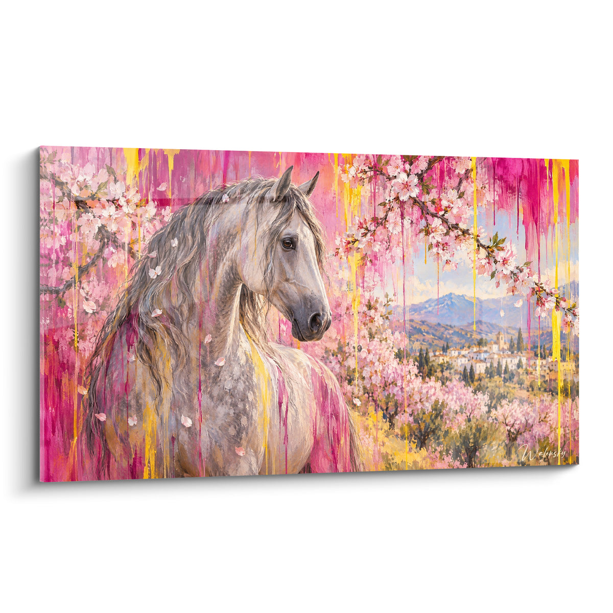 Tableau cheval andalou blanc à crinière grise sous fleurs roses et coulures dorées éclatantes