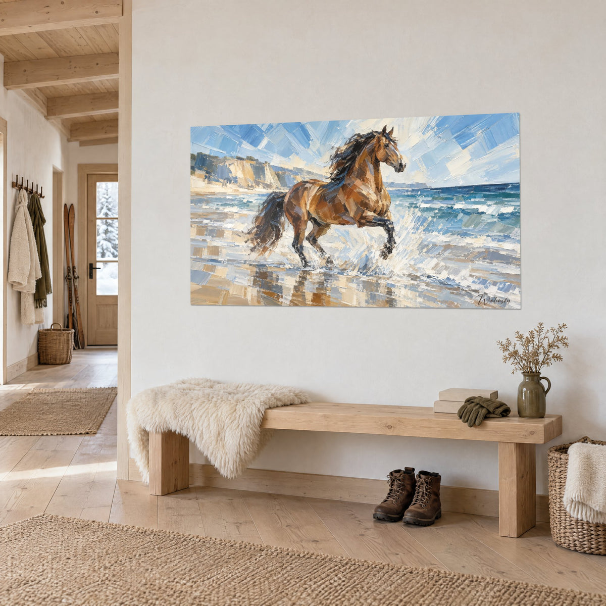 Tableau cheval bai galopant sur le rivage, falaise ocre et mer turquoise, au mur d'une entrée en bois clair de chalet