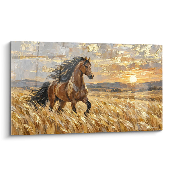 Tableau Cheval brun doré traversant un champ de blé - Galop doré - Edition Cheval Andalou