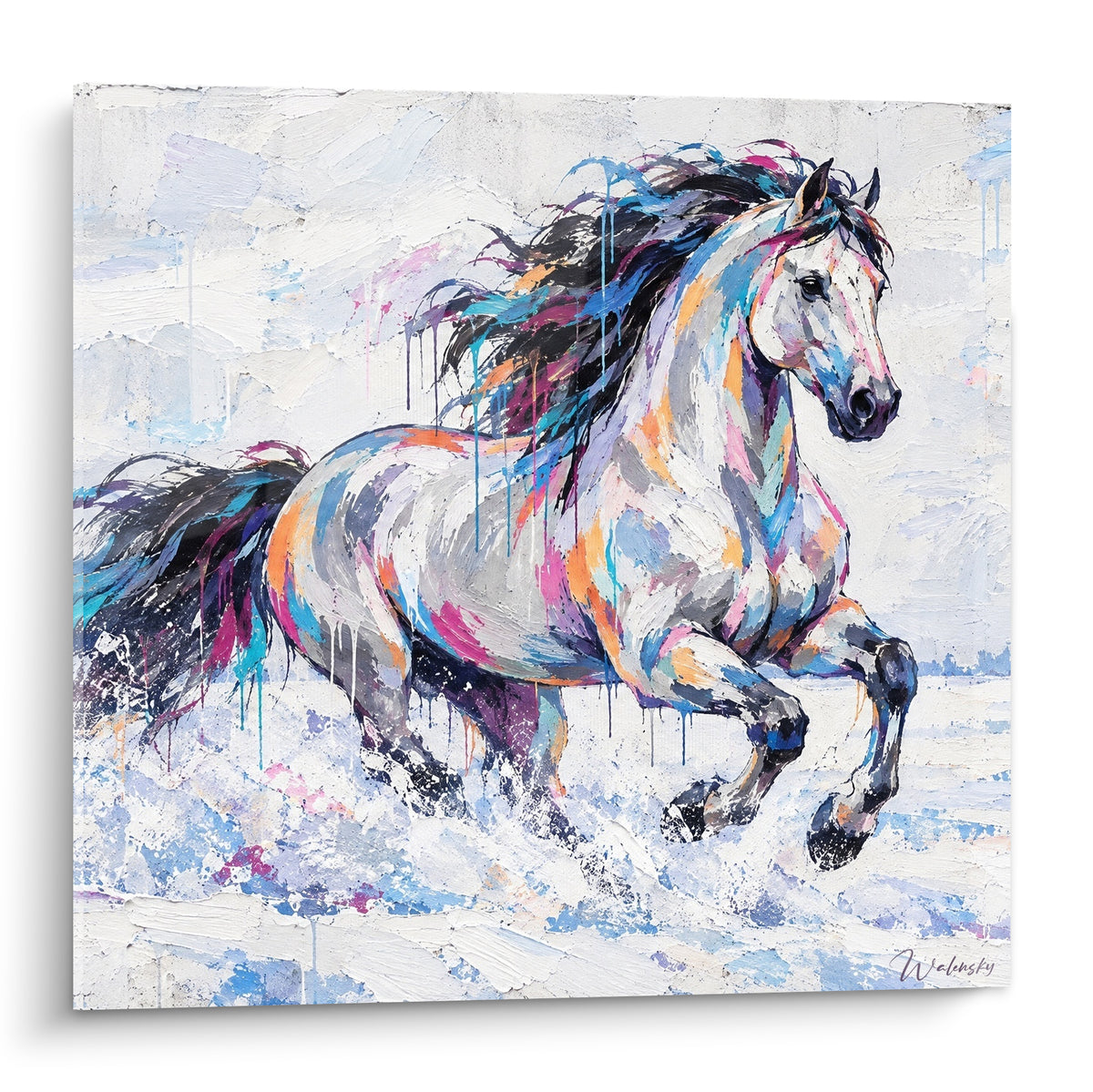 Tableau Cheval Andalou au galop, robe blanche éclaboussée de bleu, rose et orange vif