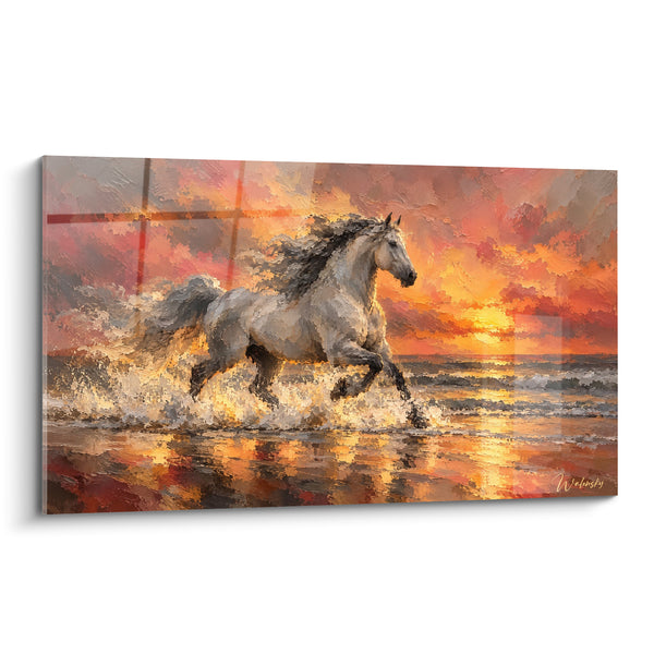 Tableau Cheval blanc galopant dans l'eau orangée - Course flamboyante - Edition Cheval Andalou