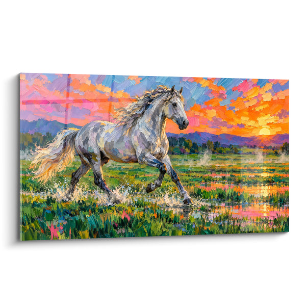 Tableau Cheval gris au galop dans l'eau - Course vers le couchant - Edition Cheval Andalou