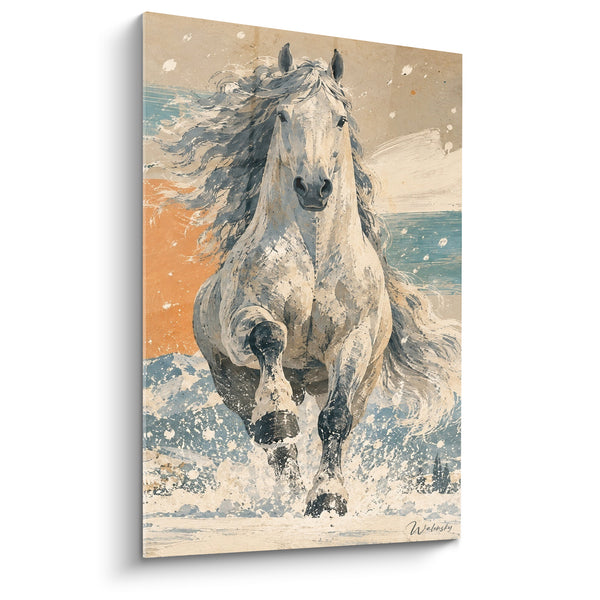 Tableau Cheval blanc gris éclaboussant une mare turquoise - Face au cadrage frontal - Edition Cheval Andalou
