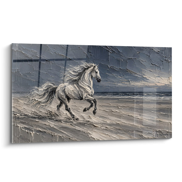Tableau Cheval blanc au galop sur plage grise - Course sur le rivage - Edition Cheval Andalou