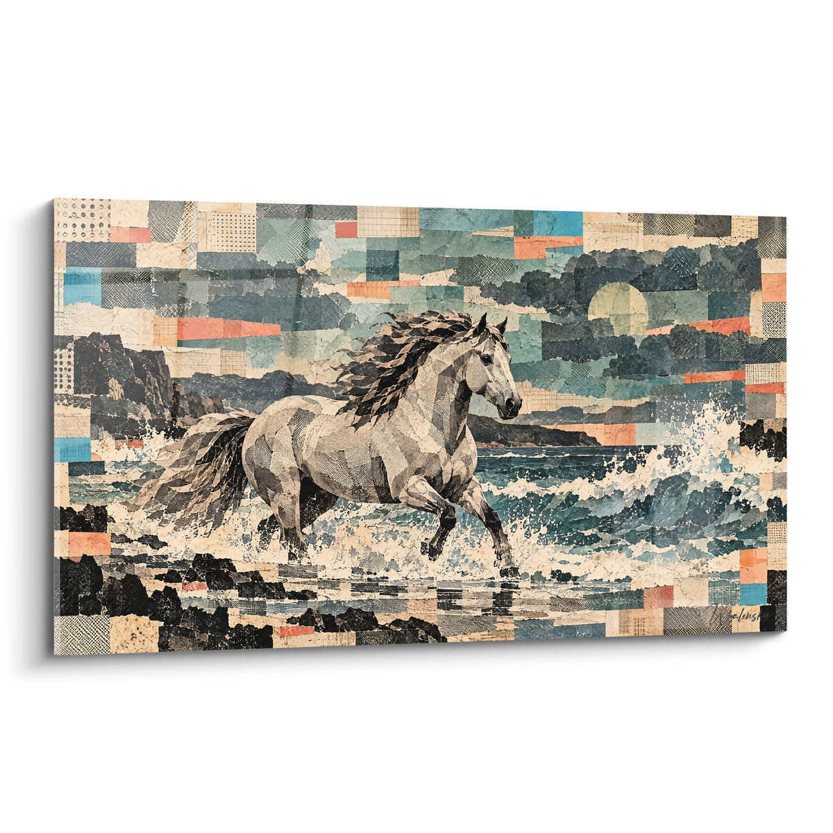 Tableau cheval andalou galopant dans l'écume turquoise et corail en collage artistique