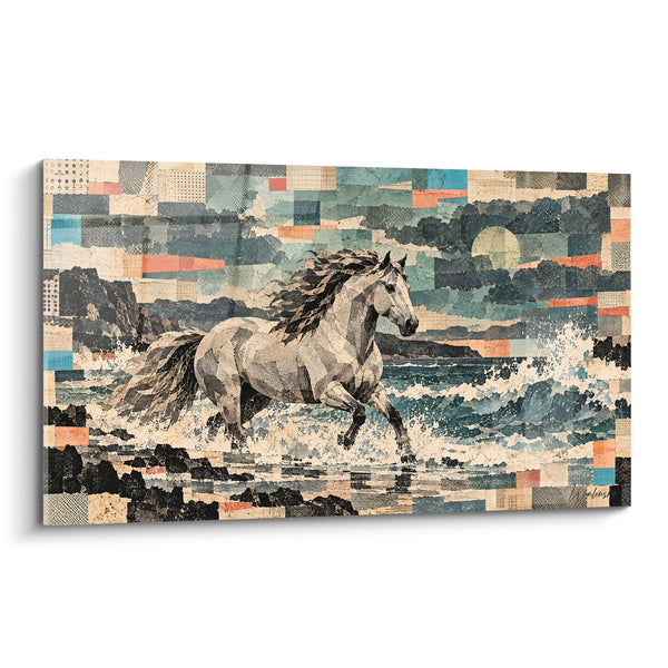 Tableau Cheval beige et bleu galopant dans les vagues - Collage papier texturé - Edition Cheval Andalou