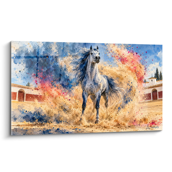 Tableau Cheval gris crinière envolée devant arènes - Galop impétueux - Edition Cheval Andalou