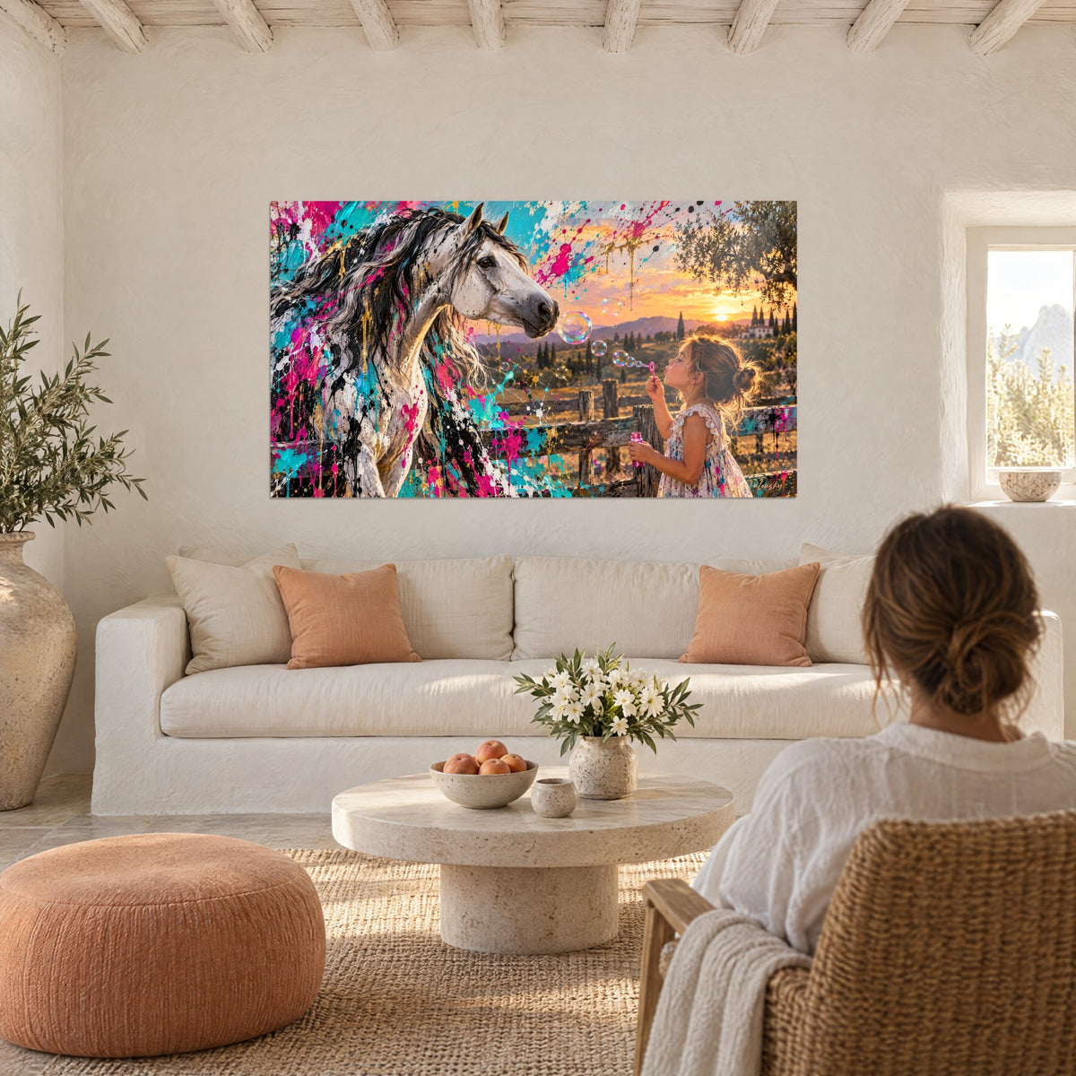 Tableau cheval andalou gris pommelé soufflant une bulle à une fillette, éclaboussures rose et turquoise, au-dessus d'un canapé dans un salon lumineux