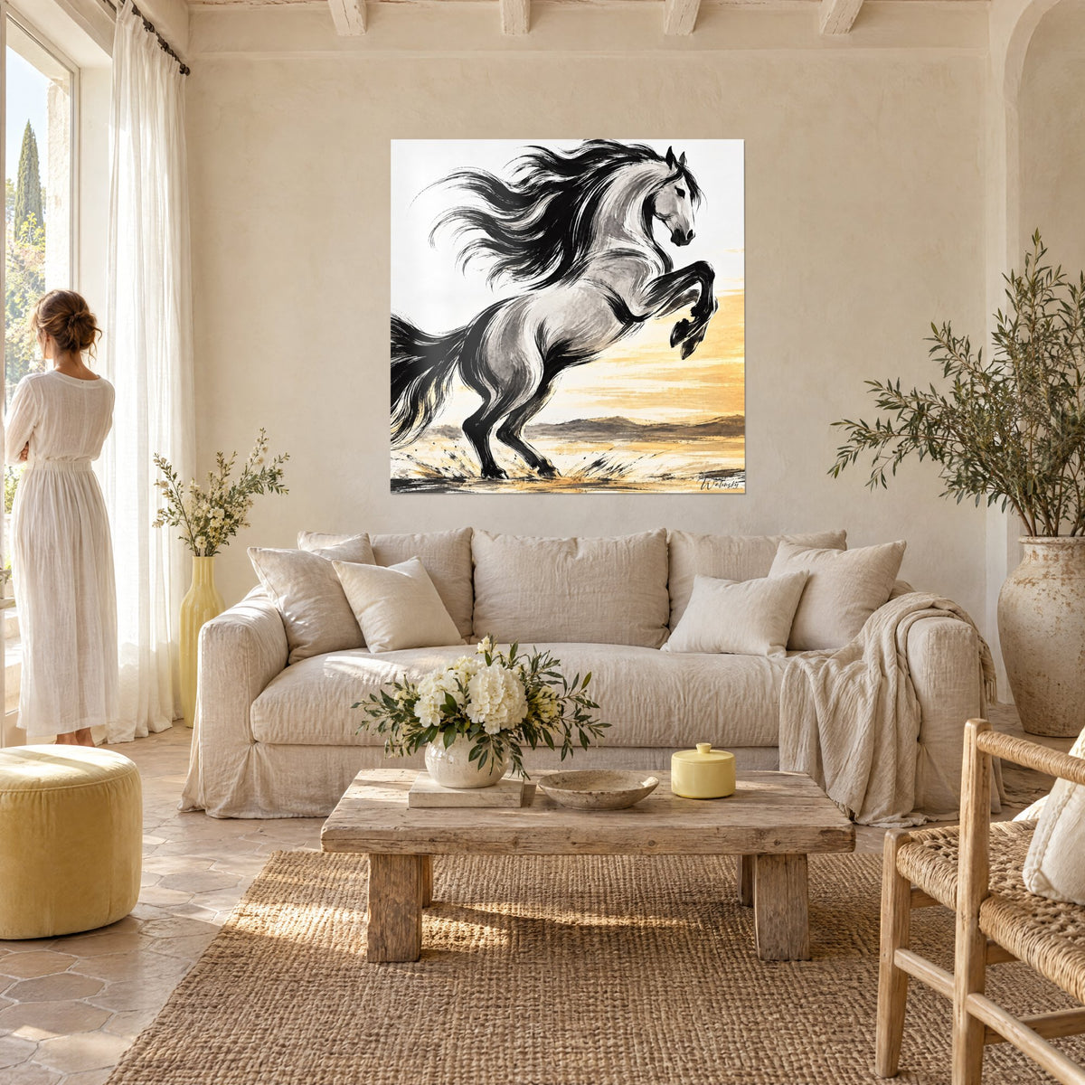 Tableau cheval gris cabré aux crins noirs fouettés par le vent, fond ocre doré, au-dessus d'un canapé dans un salon lumineux
