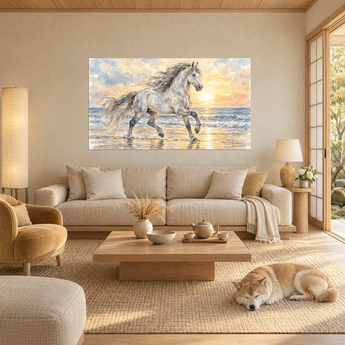 Tableau étalon gris pommelé trottant dans l'écume, ciel safran et lavande, Shiba endormi, au-dessus d'un canapé dans un salon lumineux