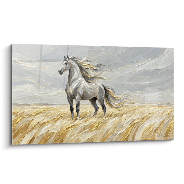 Gemälde Grauer Pferd mit goldener Mähne in einem Weizenfeld - Windiger bewölkter Himmel - Edition Andalusisches Pferd