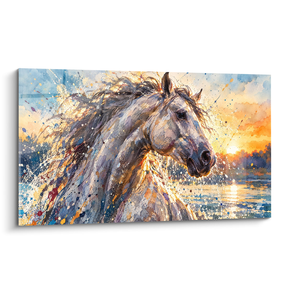 Tableau Cheval Andalou gris et doré surgissant de l'eau face au soleil levant orange