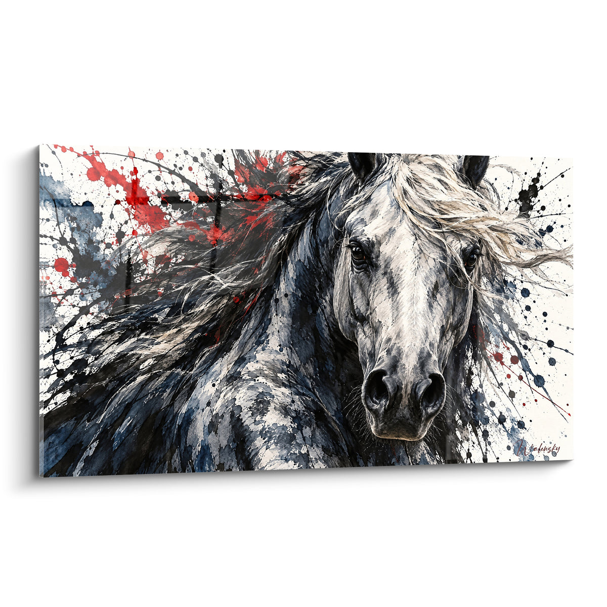 Tableau Cheval Andalou gris et blanc à la crinière éclaboussée de rouge et anthracite