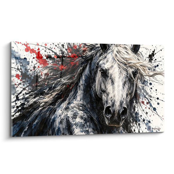 Tableau Cheval gris aux éclaboussures rouge et bleu - Fureur indomptée - Edition Cheval Andalou