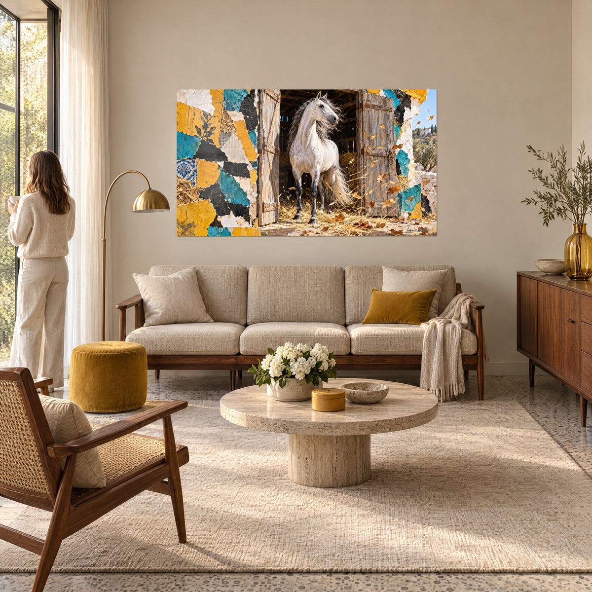 Tableau étalon gris pommelé sortant d'une écurie ocre, murs turquoise et jaune safran, au-dessus d'un canapé dans un salon lumineux