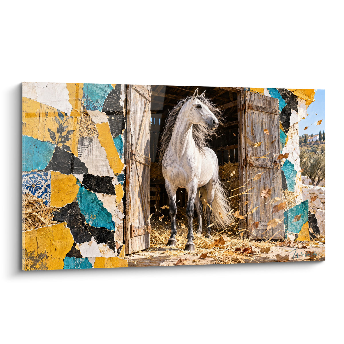 Tableau cheval andalou gris moucheté sortant d'une écurie ocre et turquoise fracturée