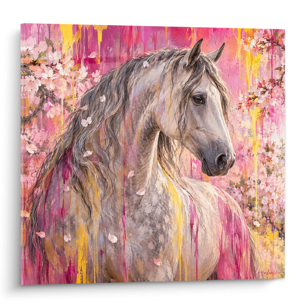 Tableau Cheval gris aux fleurs de cerisier roses - Floraison suspendue - Edition Cheval Andalou