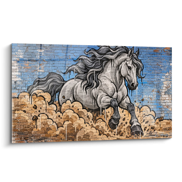 Tableau Cheval gris galopant sur mur bleu et ocre - Galop mural - Edition Cheval Andalou