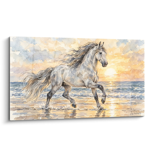 Tableau Cheval gris trottant sur plage dorée - Aube sur le rivage - Edition Cheval Andalou