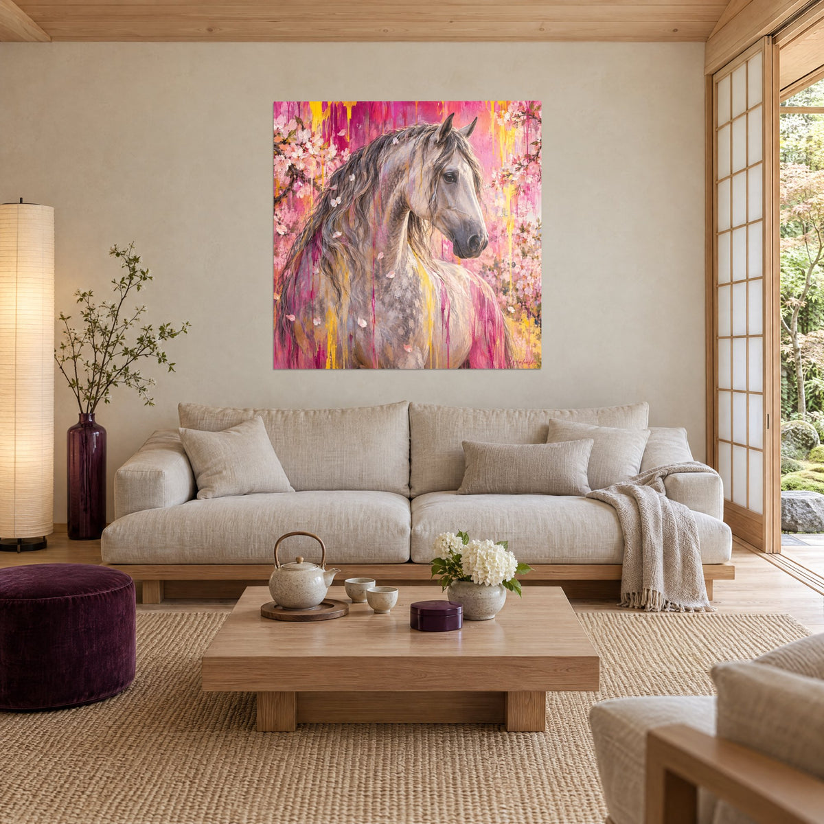 Tableau cheval gris pommelé à la crinière ondulée, fleurs de cerisier roses et coulures jaunes, au-dessus d'un canapé dans un salon lumineux