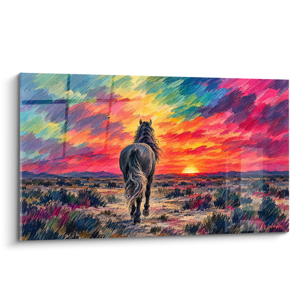 Tableau Cheval noir face à un coucher de soleil - Marche vers l'horizon - Edition Cheval Andalou