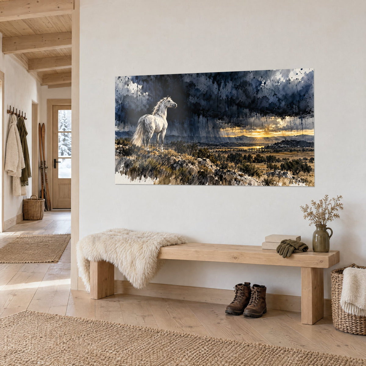 Tableau cheval à la crinière ivoire face à l'orage, nuages bleu nuit et horizon doré, au-dessus d'un banc en bois dans l'entrée