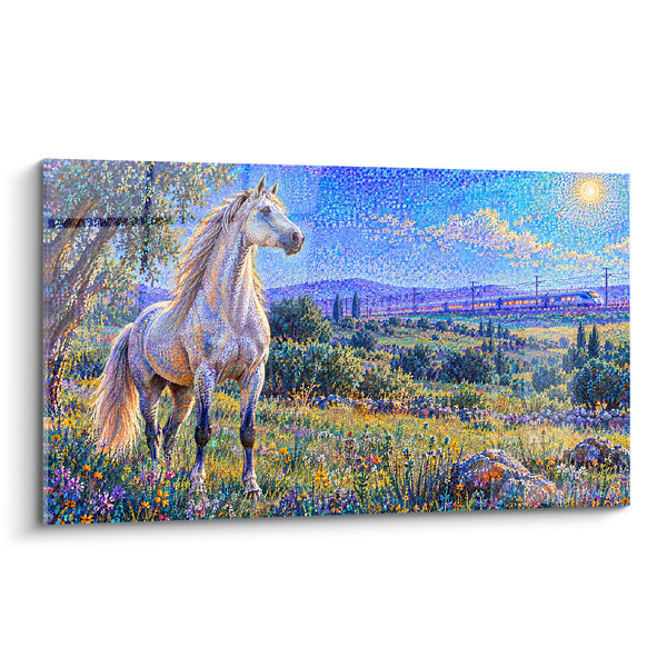 Tableau Cheval blanc dans une prairie fleurie - Instant suspendu - Edition Cheval Andalou