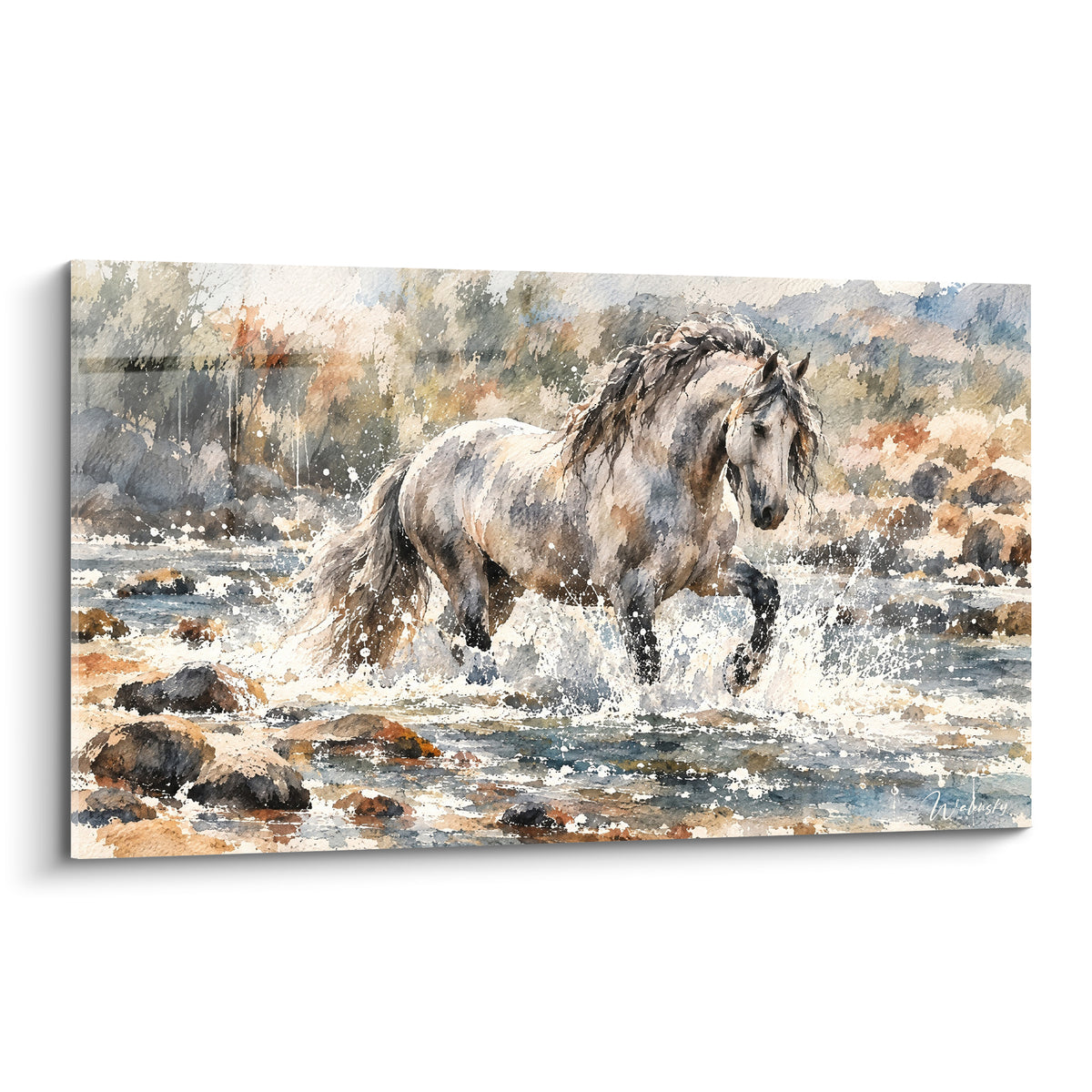 Tableau cheval andalou gris traversant une rivière, éclaboussures blanches et rochers ocre et bruns