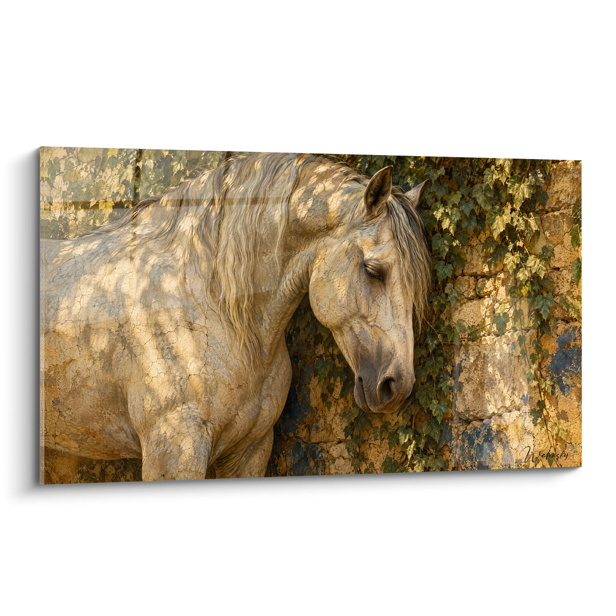 Tableau Cheval Andalou crème au mufle baissé contre un mur de pierre ocre et lierre vert