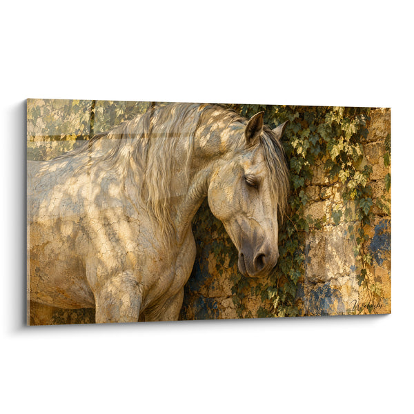 Tableau Cheval blanc contre un mur de lierre - Instant de répit - Edition Cheval Andalou