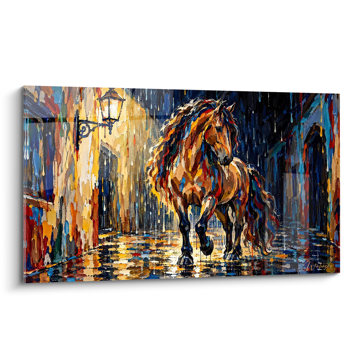 Quadro Cavallo Andaluso dalla criniera dorata che attraversa un vicolo lastricato blu notte sotto la pioggia