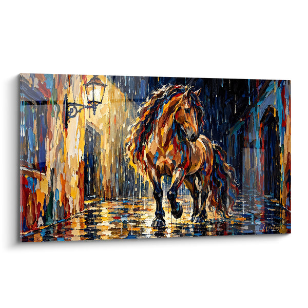 Quadro Cavallo dorato in vicolo piovoso notturno - Apparizione notturna - Edizione Cavallo Andaluso