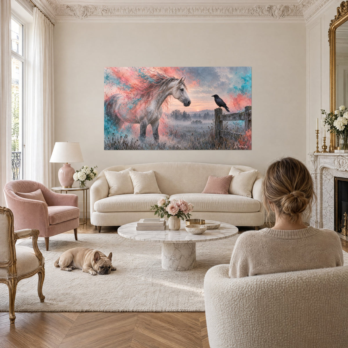 Tableau cheval gris pommelé à la crinière corail et turquoise, corbeau noir sur barrière, au-dessus d'un canapé dans un salon lumineux