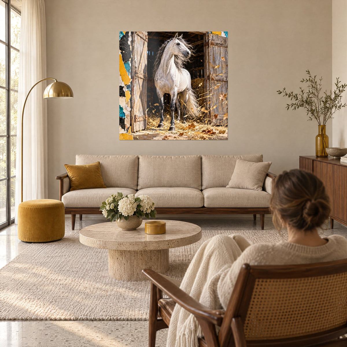 Tableau étalon andalou gris pommelé encadré d'une porte d'étable ocre, crinière argentée, mur crème, au-dessus d'un canapé dans un salon lumineux