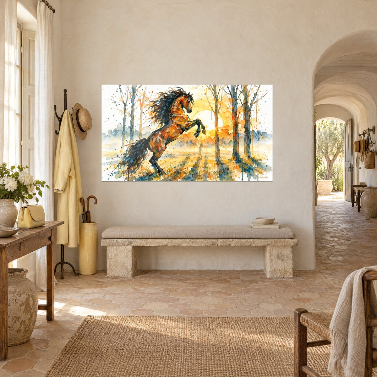 Tableau cheval andalou dressé sur ses postérieurs, robe orange et crinière indigo, accroché dans un mas provençal en pierre