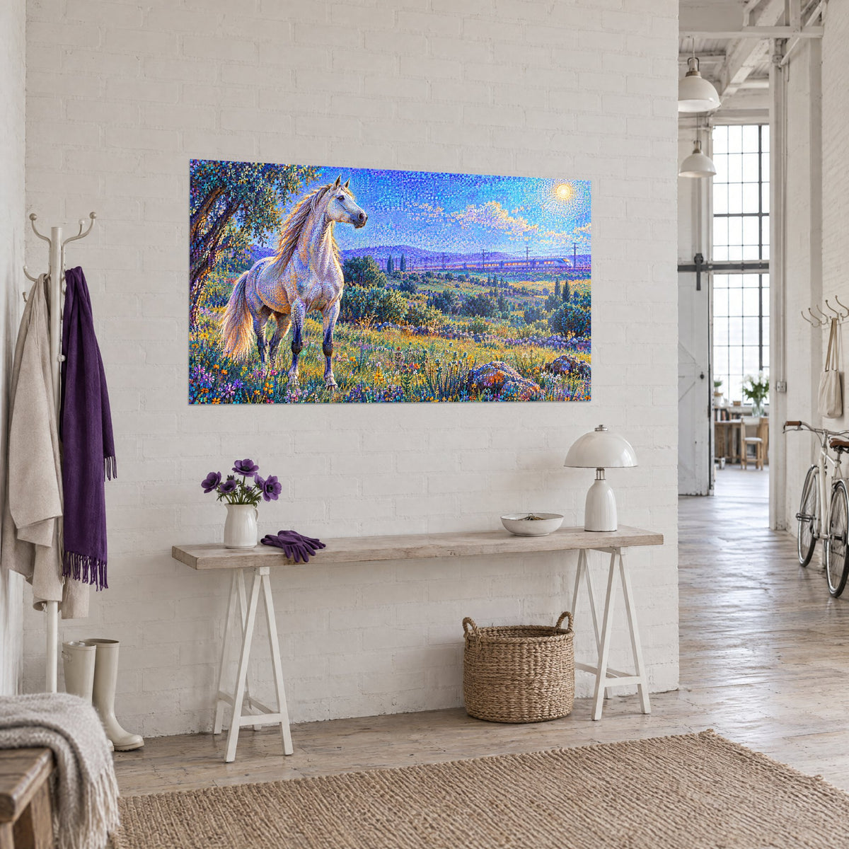 Tableau destrier andalou gris perle en pointillé, prairie jaune et orange, vu de trois-quarts, console blanche dans un loft d'artiste