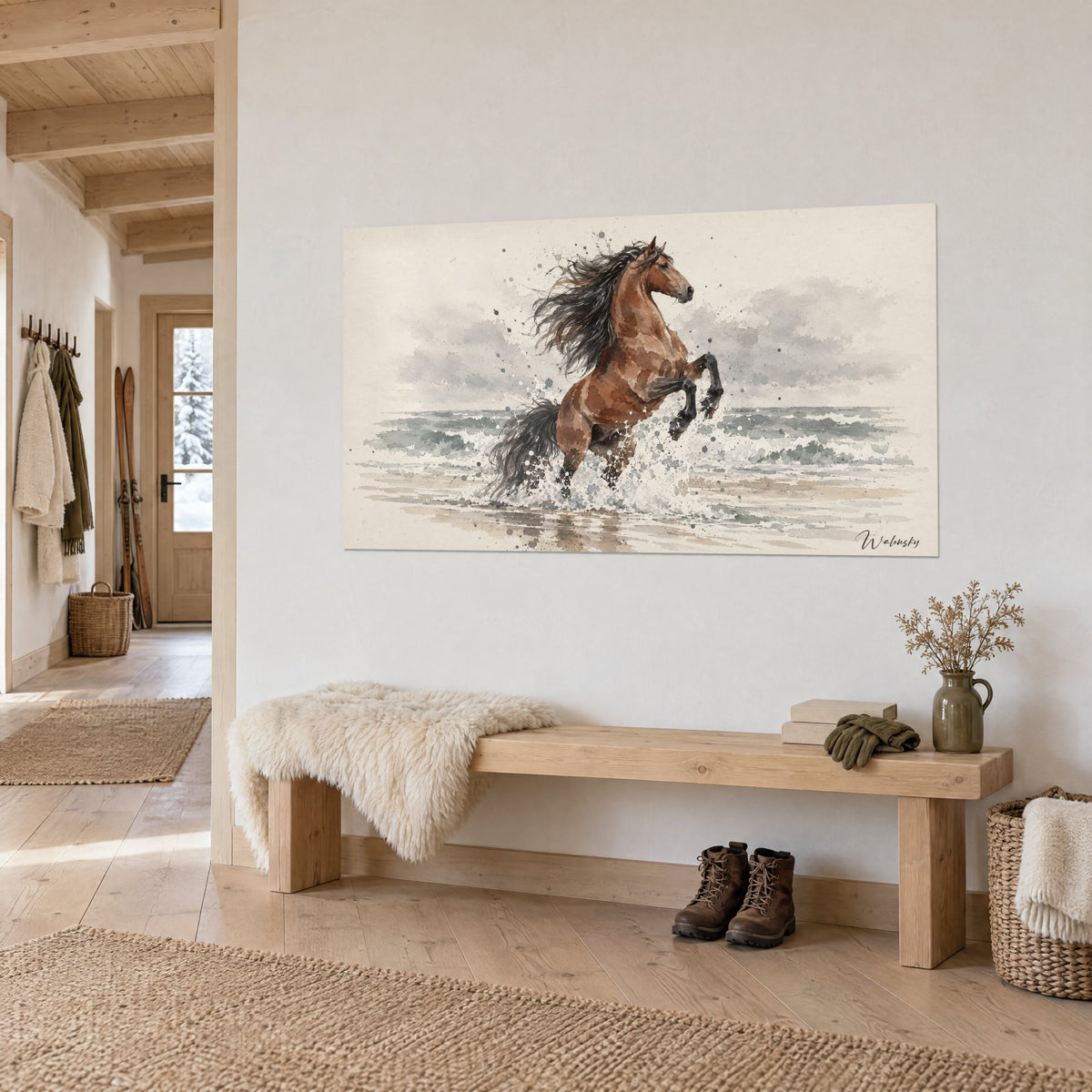 Tableau cheval andalou dressé sur ses postérieurs, robe cuivrée et crinière anthracite dans l'écume, accroché dans l'entrée d'un chalet