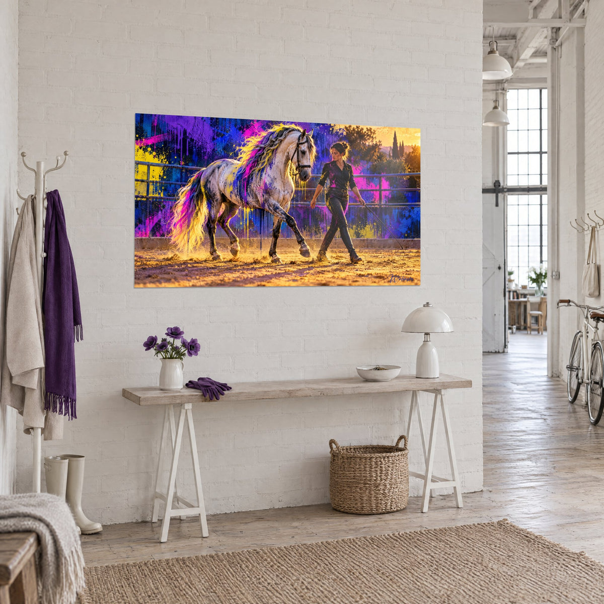 Tableau cheval andalou gris pommelé, queue jaune citron et rose fuchsia, sable doré du manège, en loft d'artiste, vue de trois-quarts