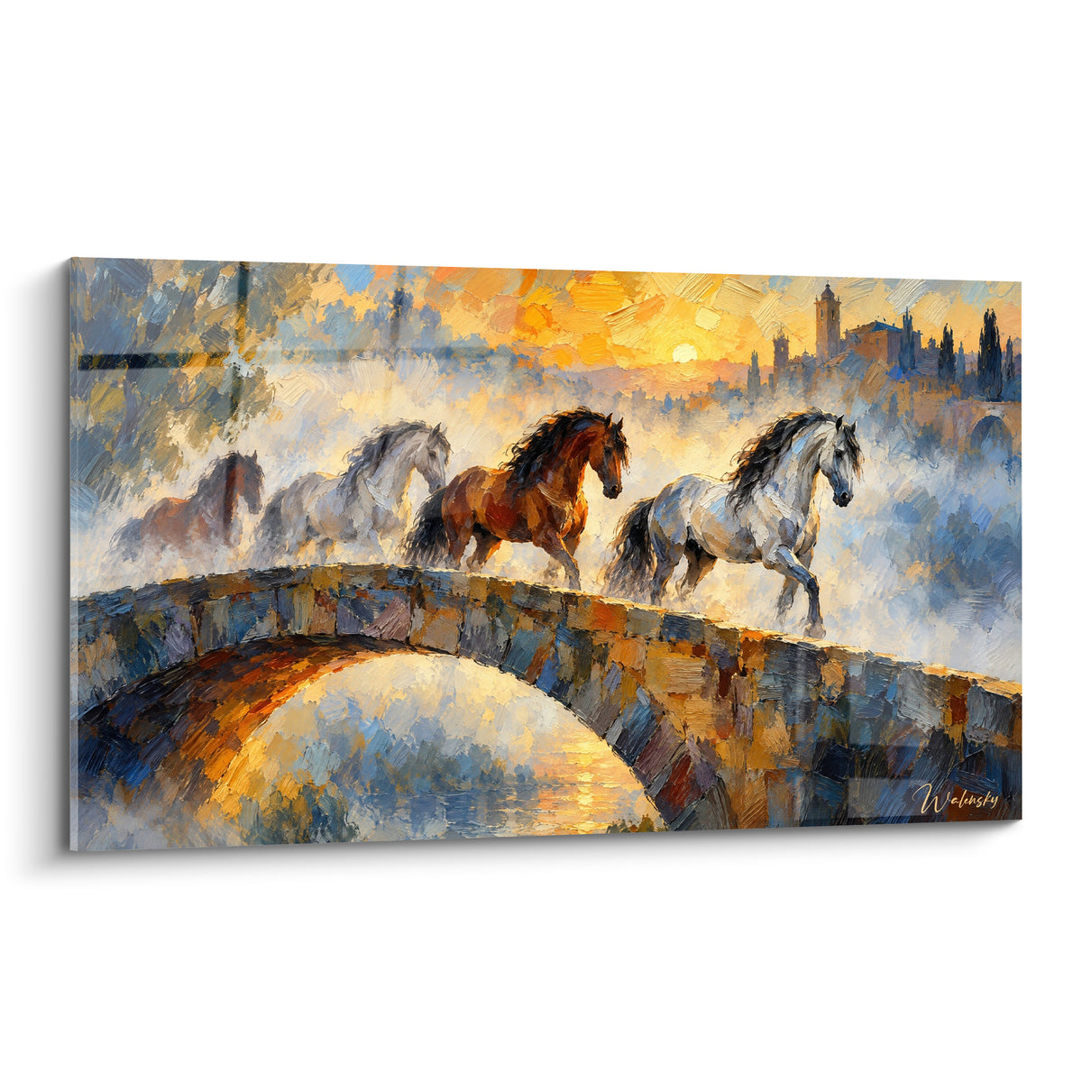 Quadro Cavallo Andaluso in mandria baia e grigia che attraversa un ponte dorato al sorgere del giorno