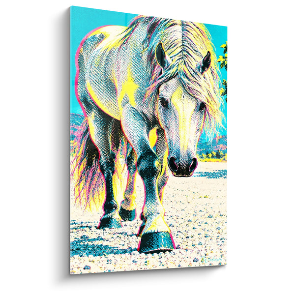 Tableau Cheval blanc aux reflets turquoise et jaune - Avancée lumineuse - Edition Cheval Andalou