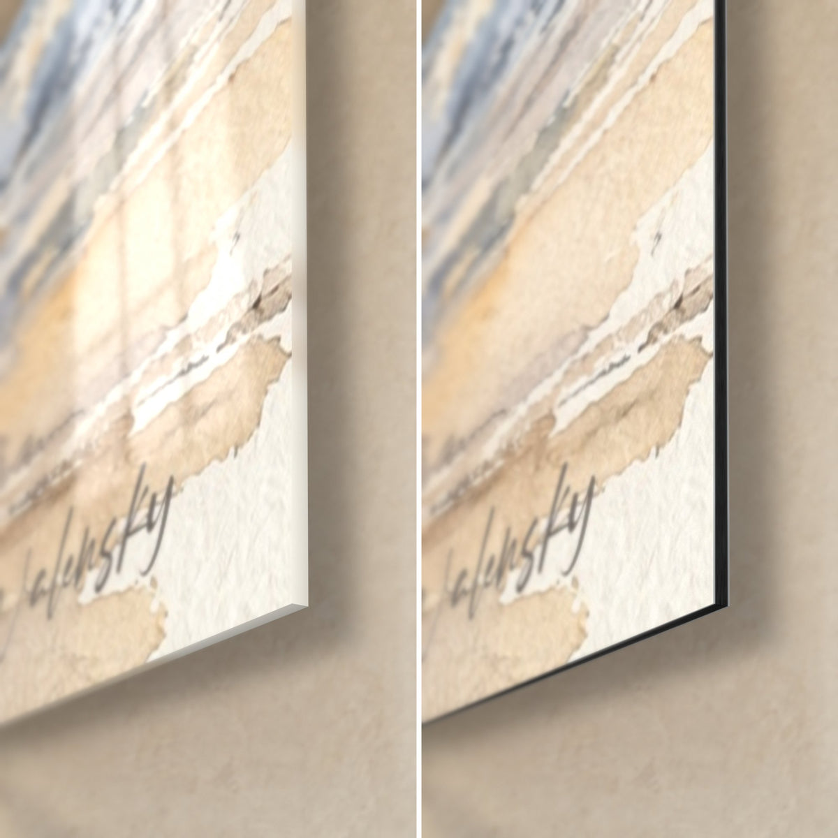Tableau cheval gris en aquarelle, coin bas droit : verre brillant à reflets et Dibond mat beige, tranche de 3 mm visible