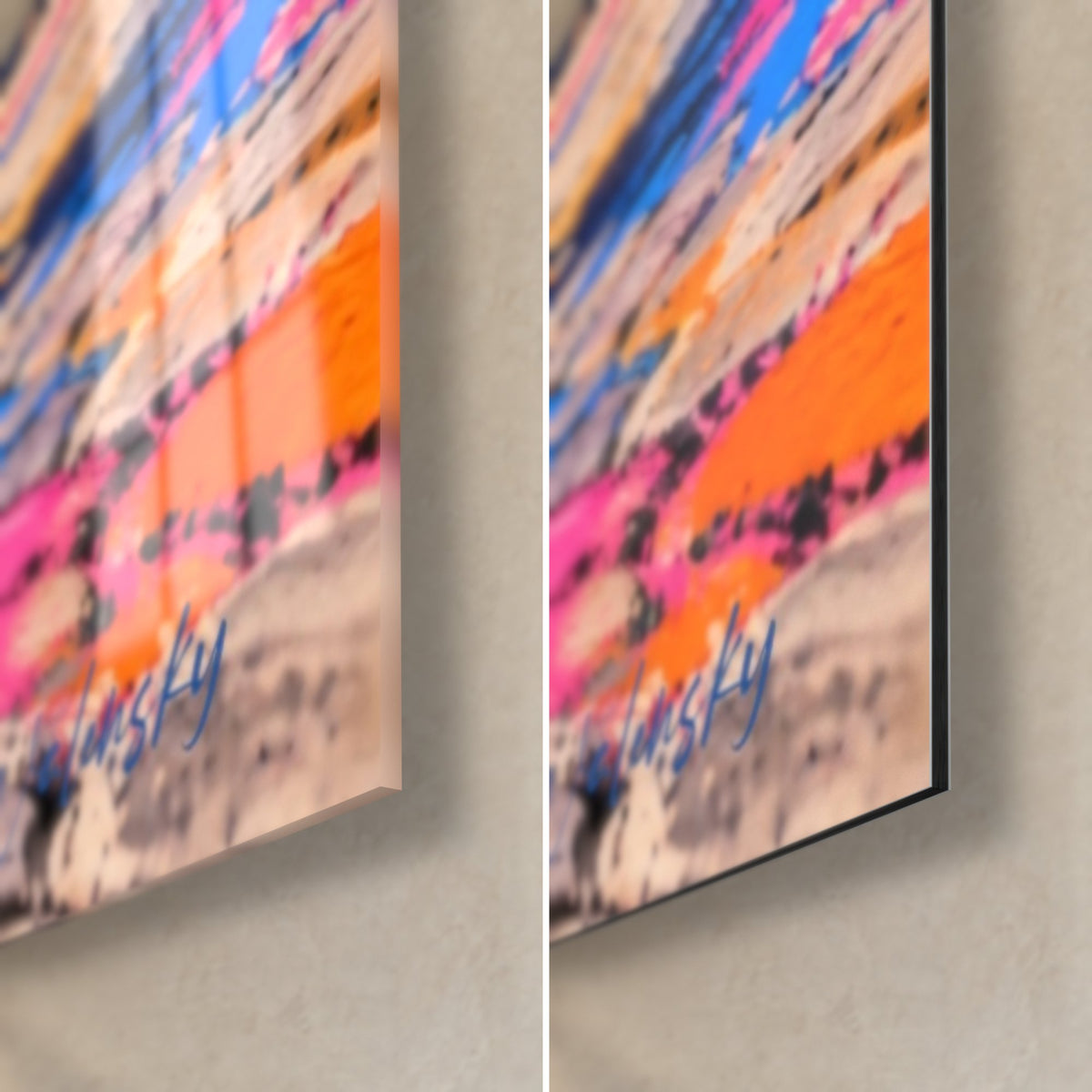 Tableau robe grise et coulures orange, coin bas droit : verre acrylique brillant à gauche, alu Dibond mat et tranche à droite