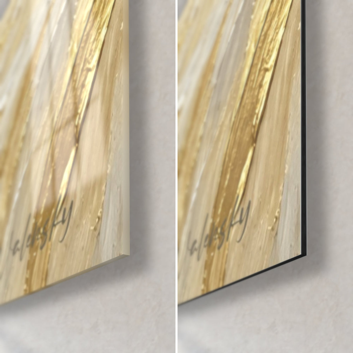 Gemälde graues Pferd in Grau und Gold mit Spachtelmasse, untere rechte Ecke: glänzendes Glas links, mattes Dibond rechts, 3 mm Kante