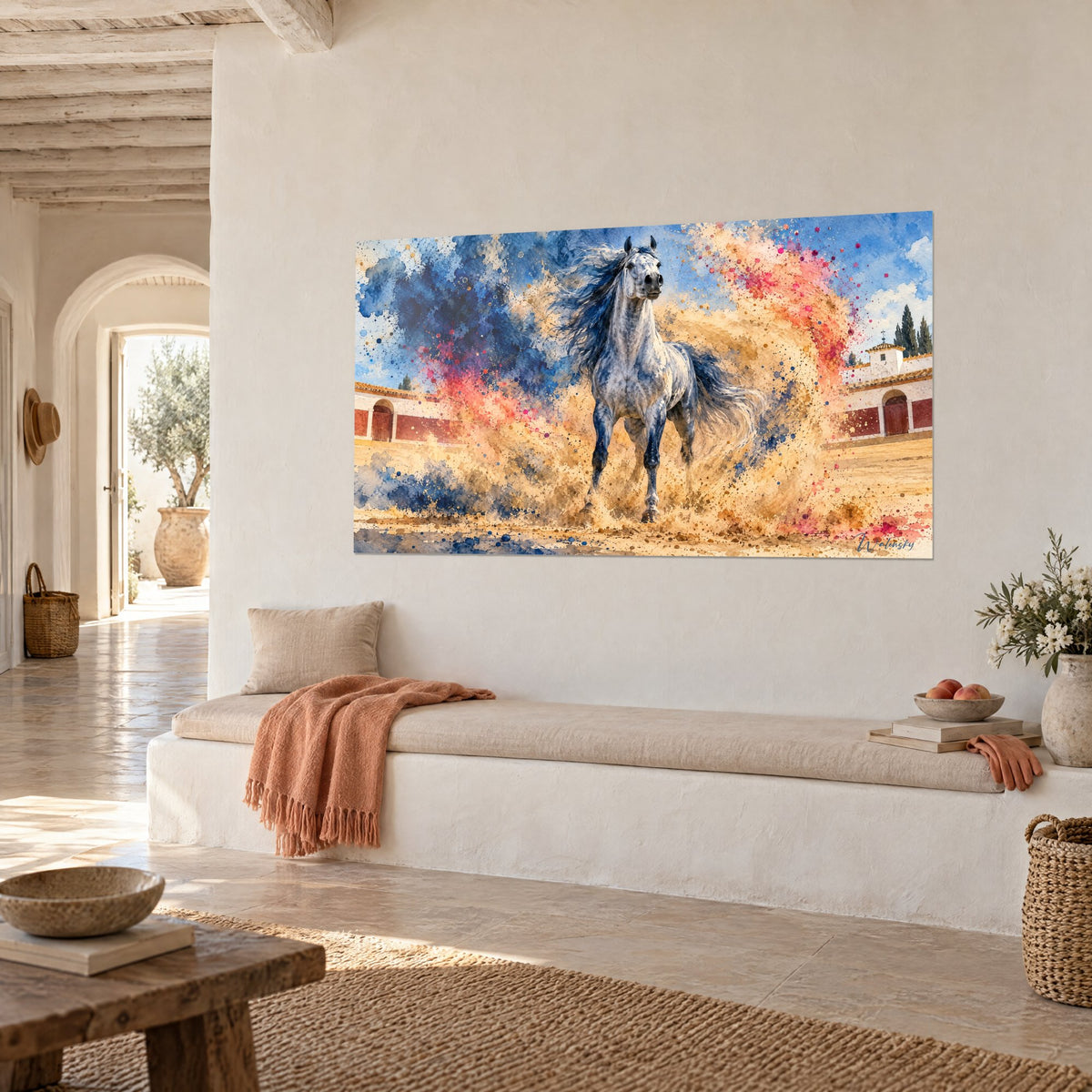 Tableau andalou à la crinière envolée devant des arènes rouges et blanches, éclats bleu cobalt et corail, mur crème méditerranéen